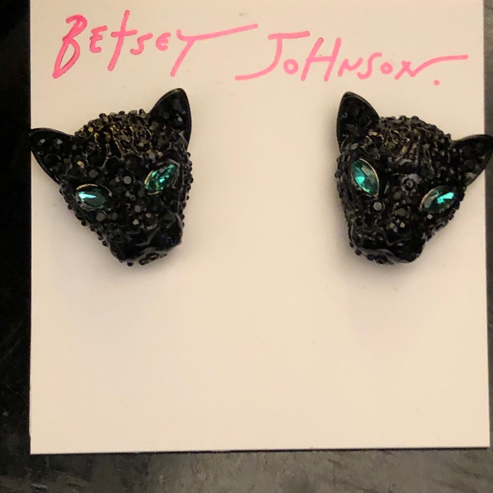 Betsey Johnson Crystal Encrusted Black Panther Head Stud Earrings Blue Eyes NWT